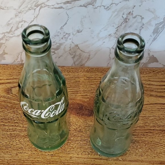 Pair Vintage Green Hobbleskirt Coca Cola Glass Bottles Thick-Good Cond/Very Rare - Picture 3 of 9